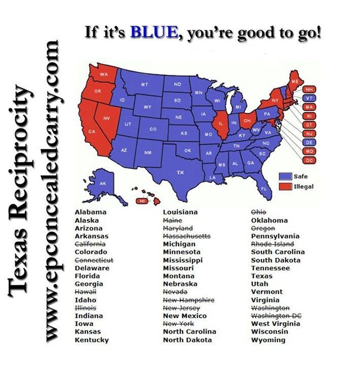 Map of US with states color-coded for concealed carry reciprocity. Blue states are good, red are illegal.
