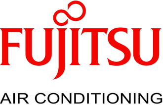 The fujitsu air conditioning logo is red and black on a white background.