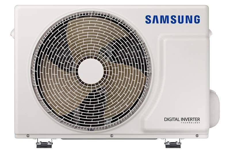 A white samsung air conditioner with a fan on a white background.