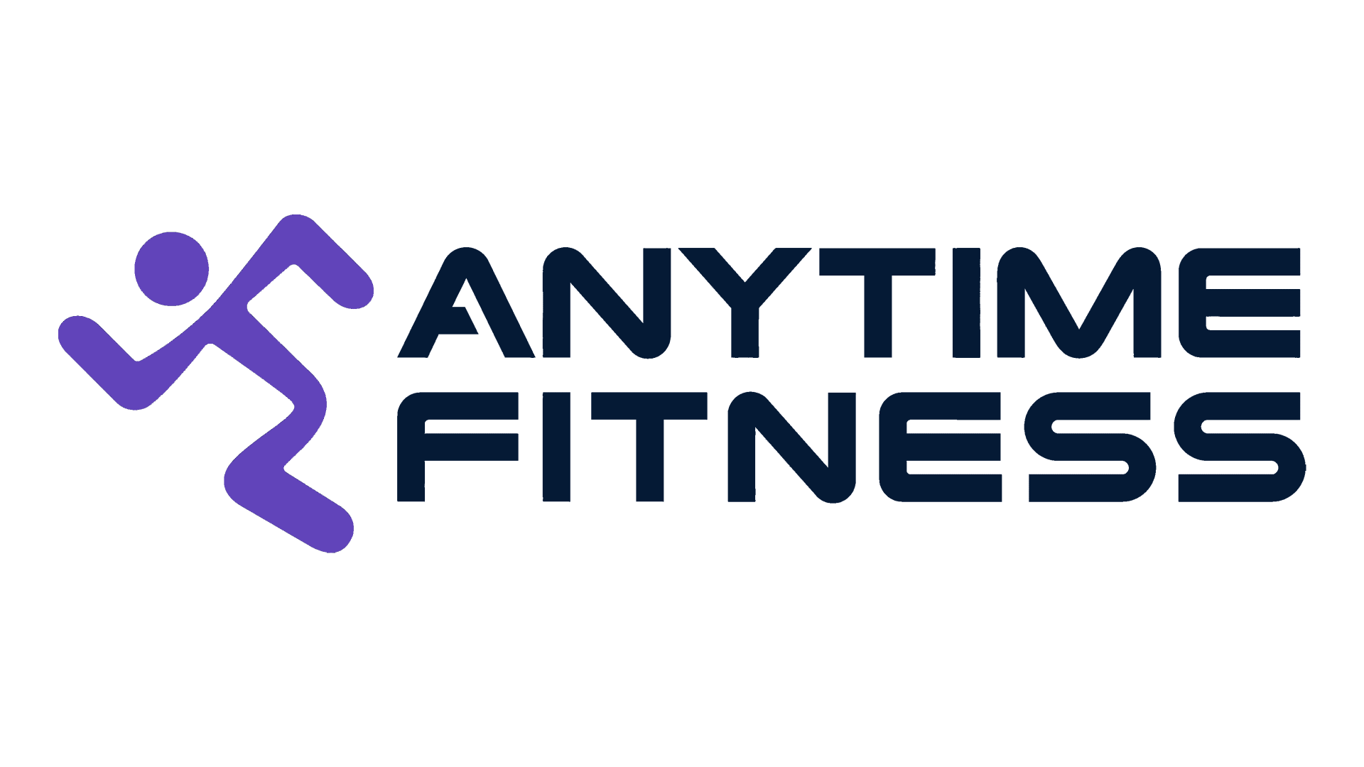 The logo for anytime fitness is purple and black and shows a person running.