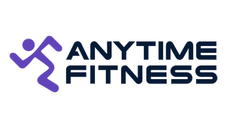 The logo for anytime fitness is purple and black and shows a person running.