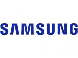 The samsung logo is blue and white on a white background.