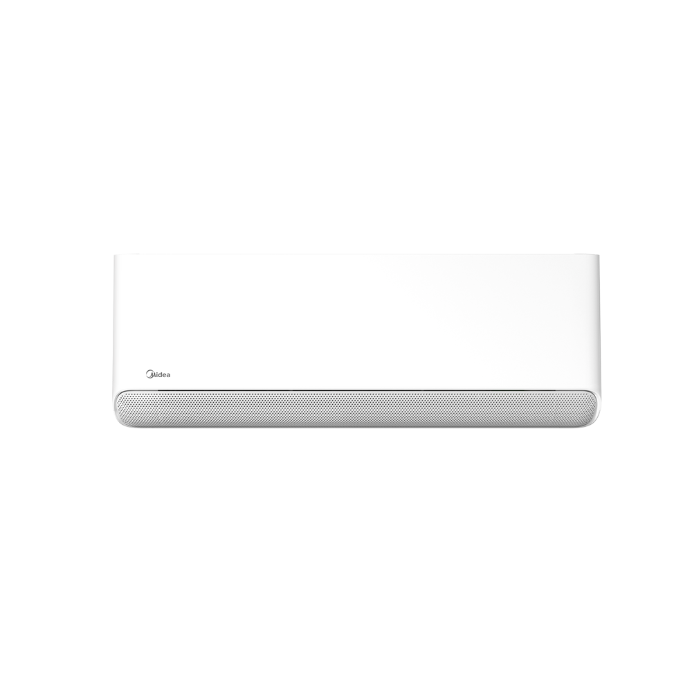 A white air conditioner is sitting on a white surface.