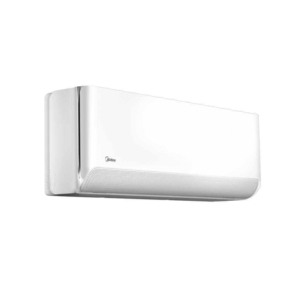 A white air conditioner is sitting on a white surface.