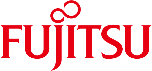 The fujitsu logo is red and white and has an infinity symbol on it.