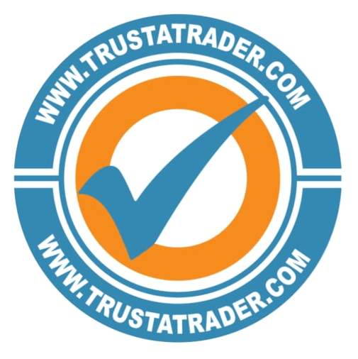 A blue and orange logo for www.trustatrader.com