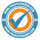 A blue and orange logo for www.trustatrader.com