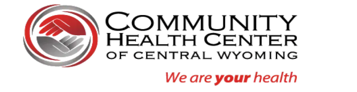 Logo of Community Health Center of Central Wyoming. Features hands in red and gray, and the tagline 