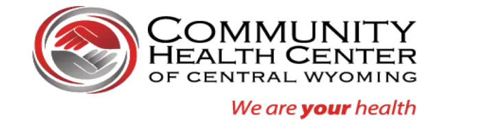 Logo of Community Health Center of Central Wyoming. Features hands in red and gray, and the tagline 