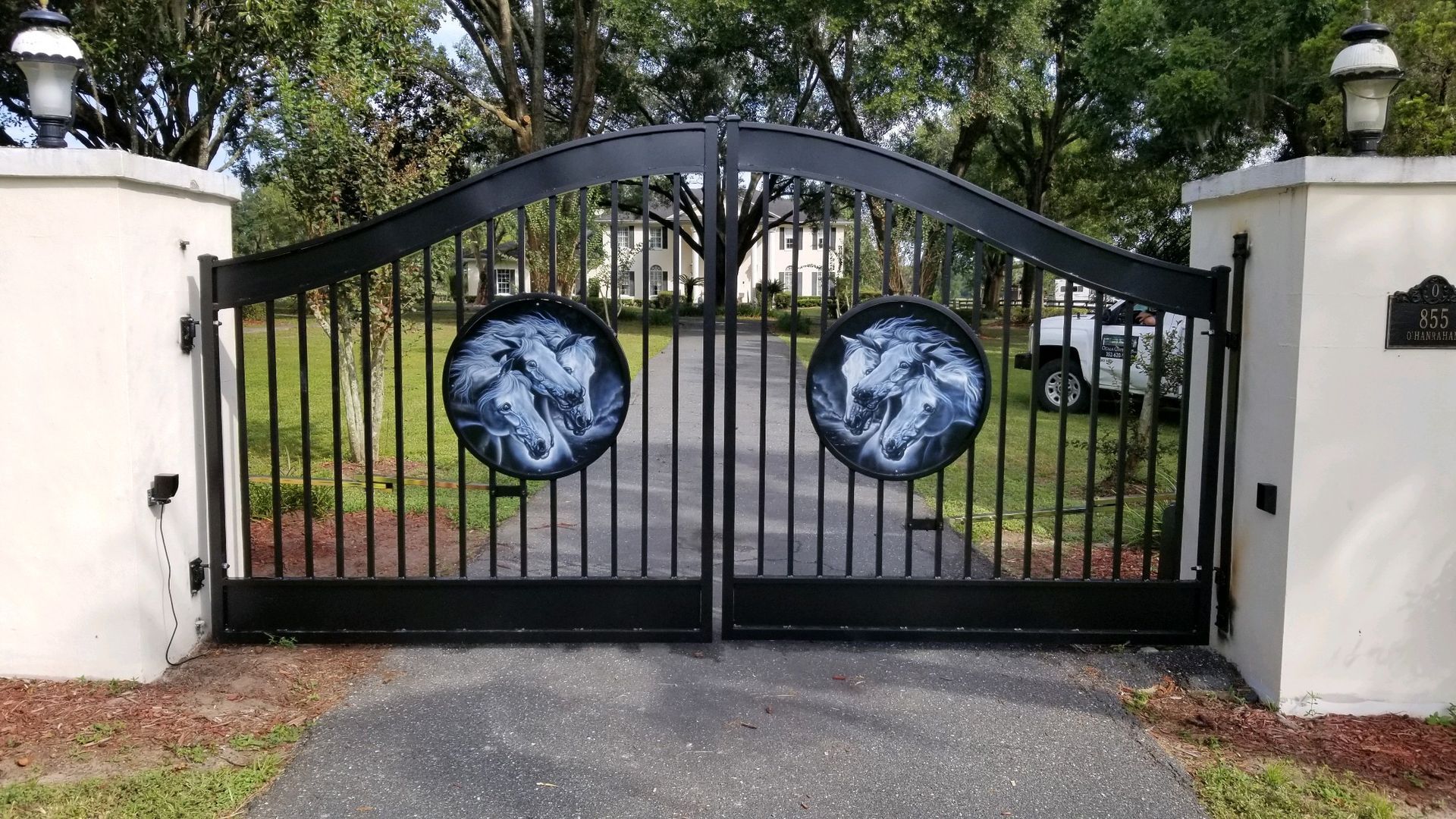 A black gate with a dragon design on it