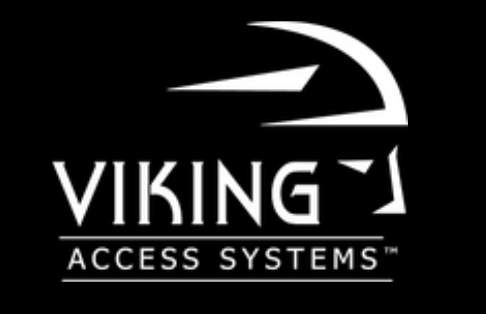 A white viking access systems logo on a black background