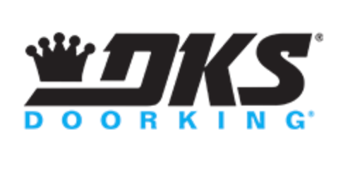 A black and blue logo for dks door king