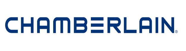 A blue and white logo for chamberlain on a white background