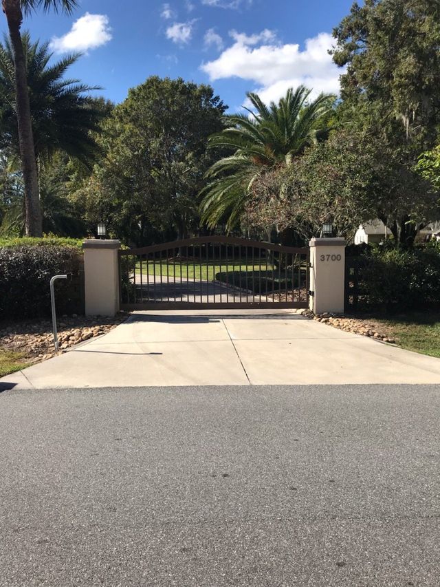 A driveway with a gate and palm trees in the background