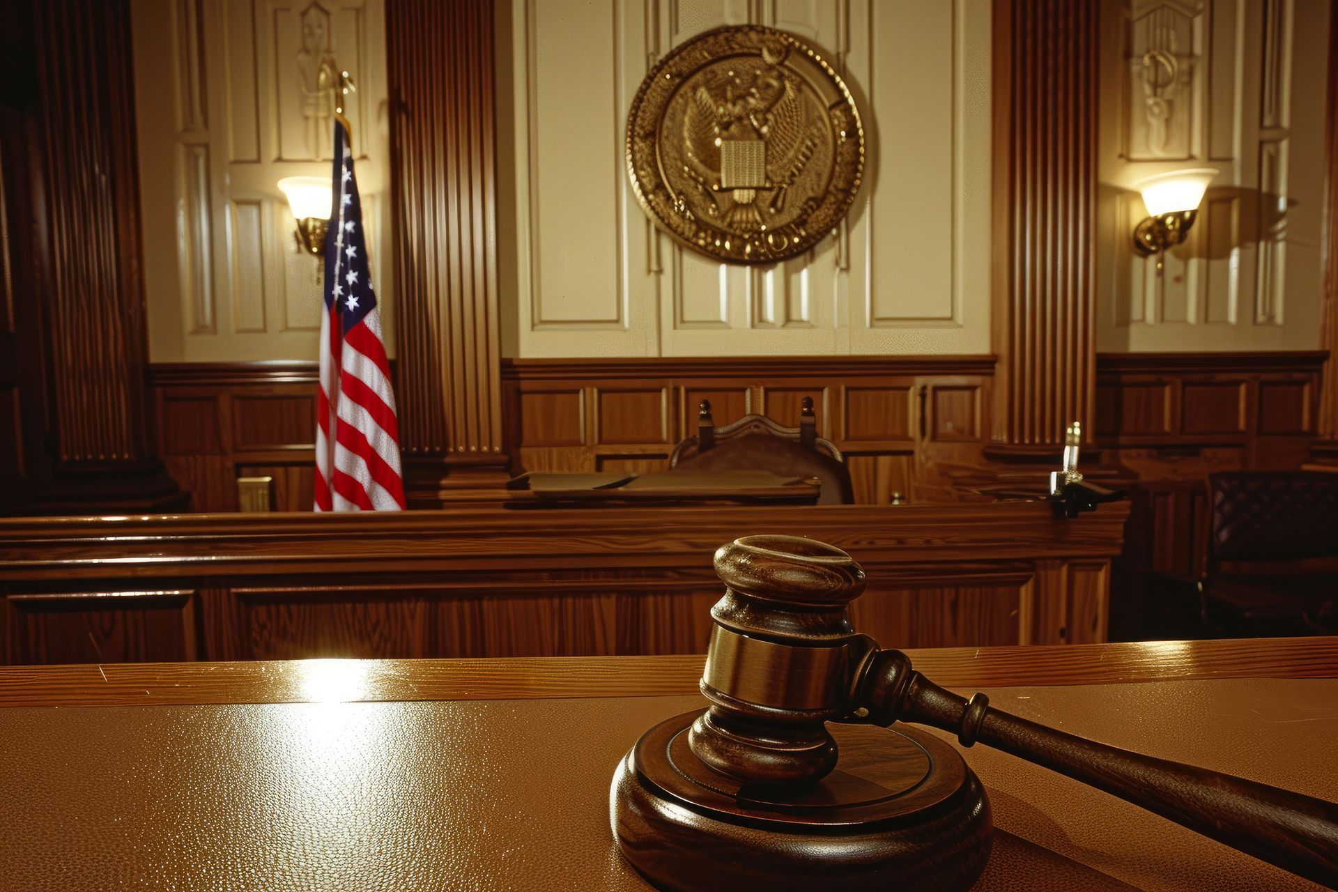 Gavel on wooden desk in an empty courtroom, representing federal crimes in Arizona.