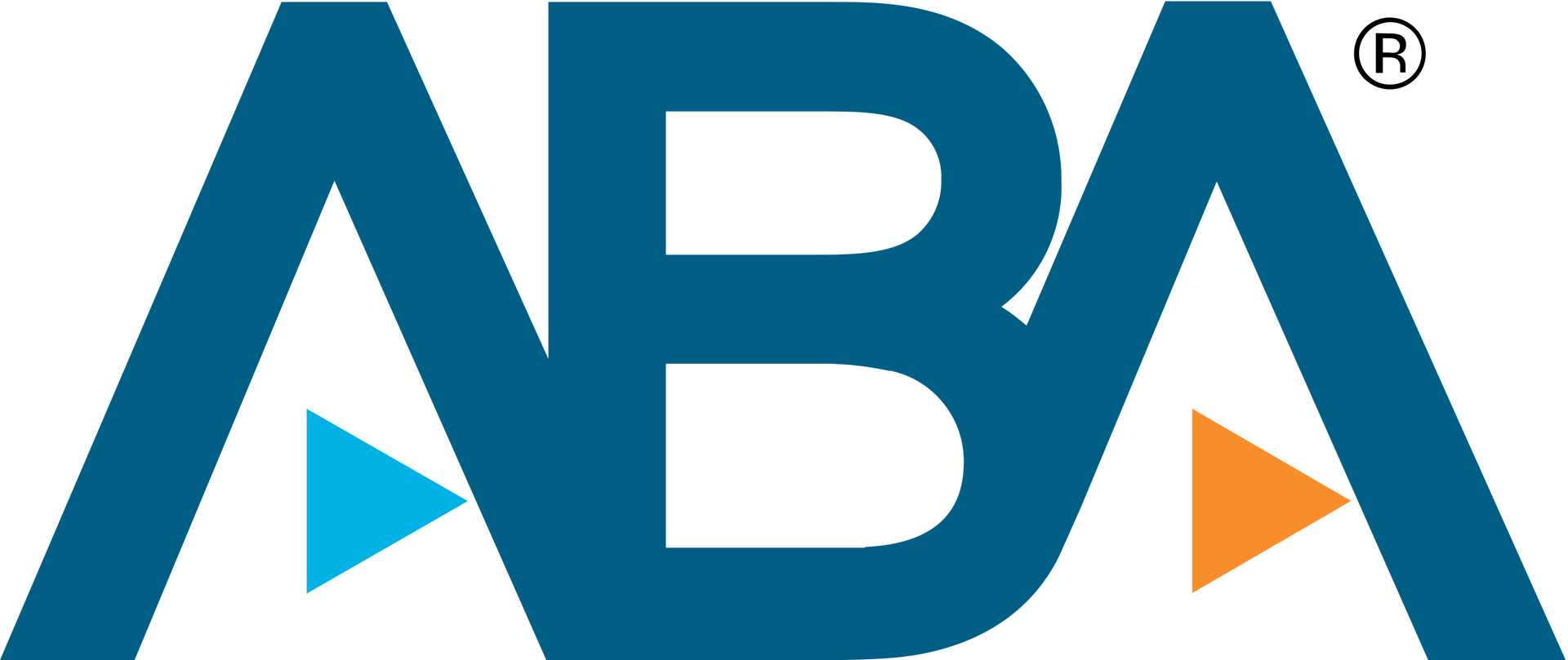 The aba logo is blue and orange with a triangle in the middle.