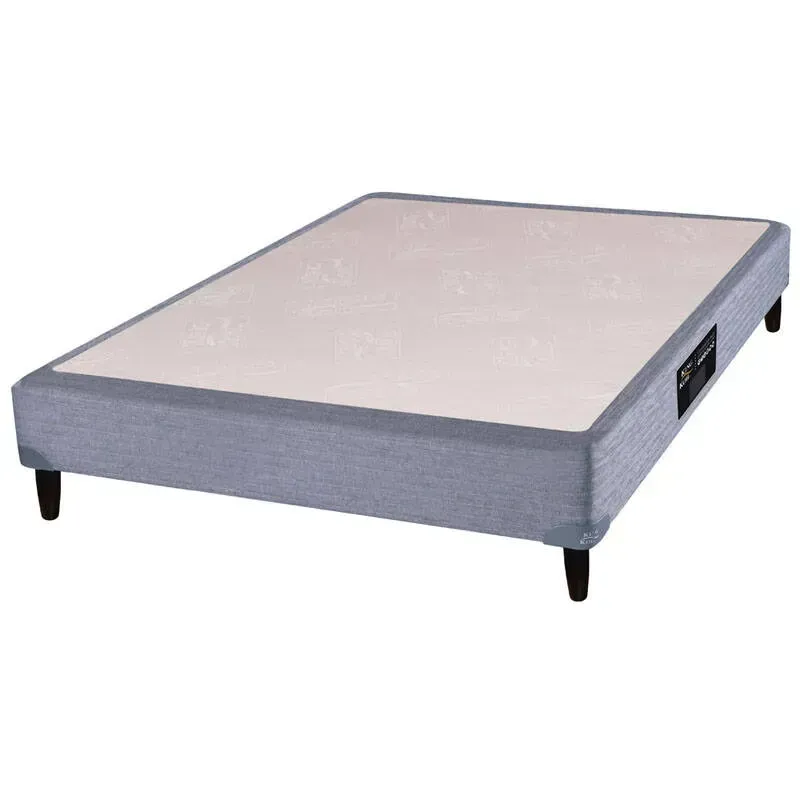 Base de colchón tapizada en gris con patas negras.