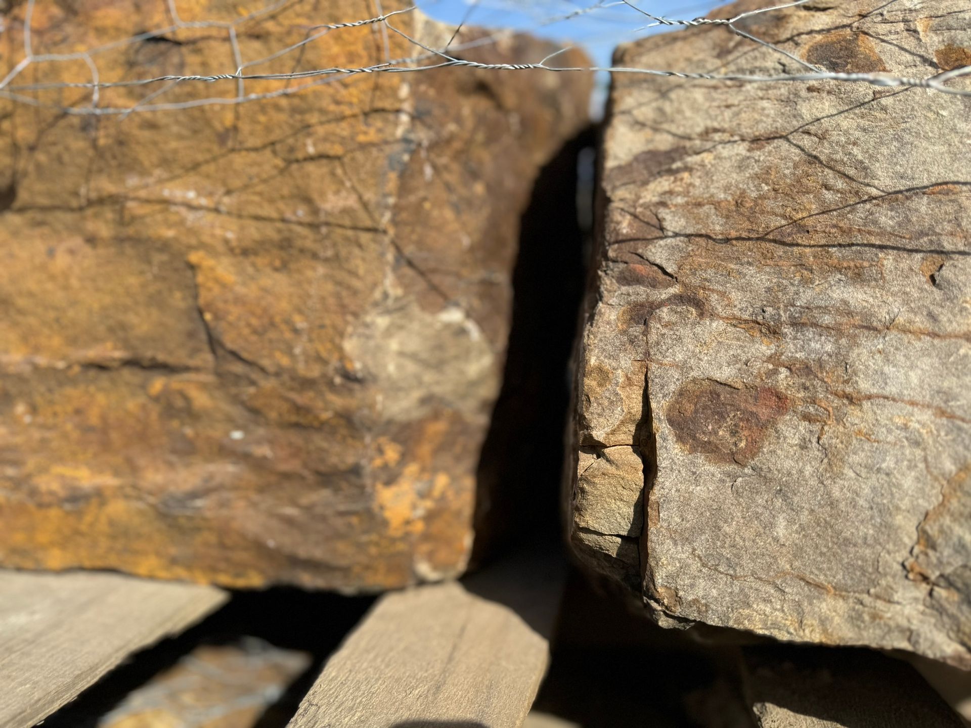 Two large rocks are sitting next to each other on a wooden pallet.