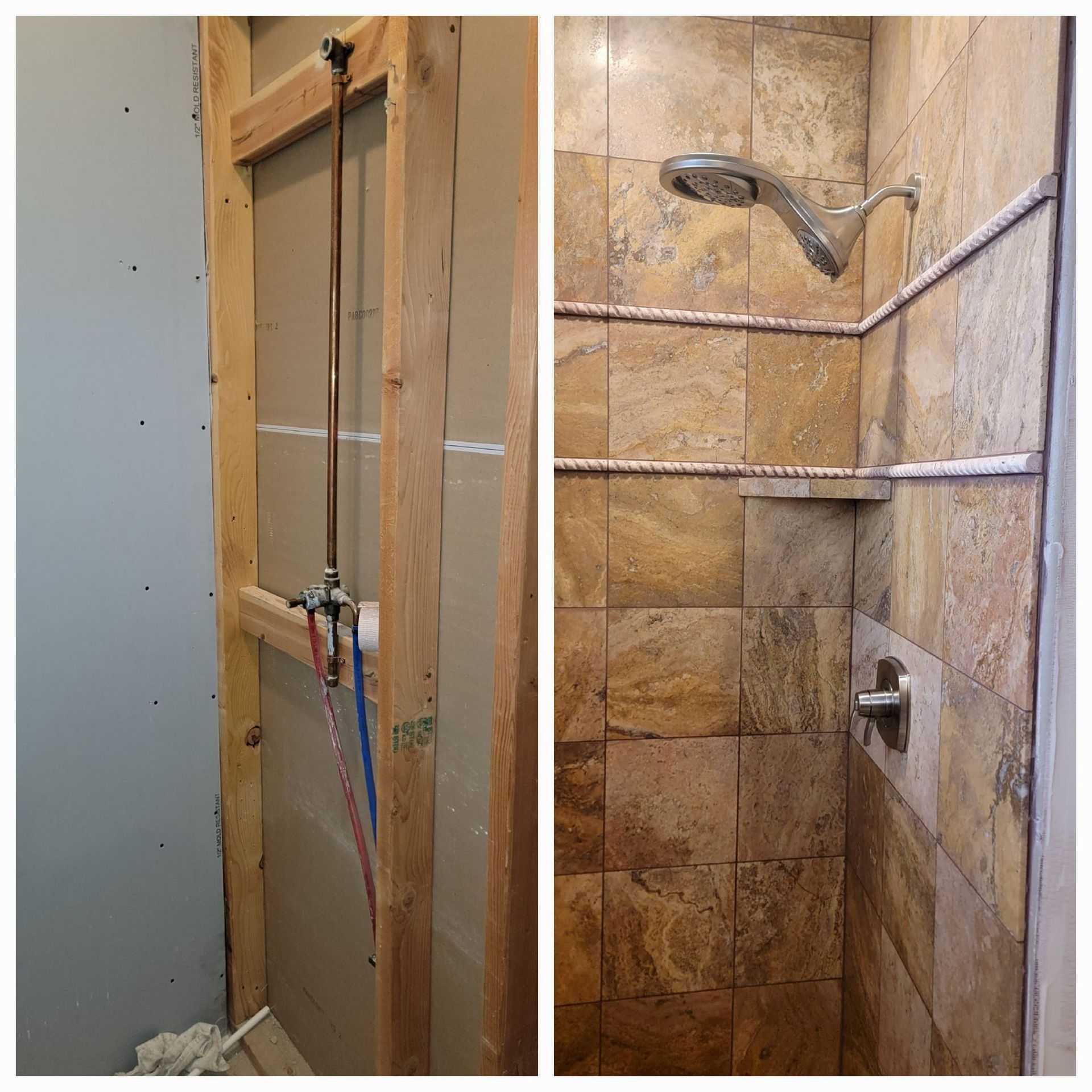 Before and after photo of a shower renovation showing the exposed wooden frame and plumbing next to the finished tile.