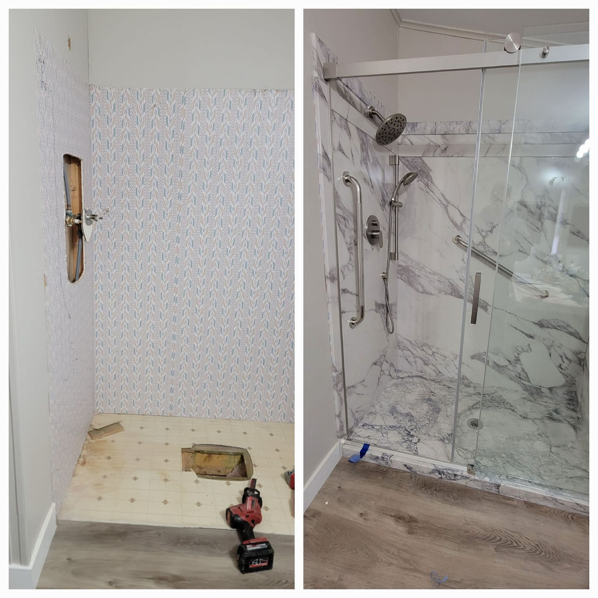 A split-view showing a shower renovation process, from an unfinished wall to a finished marble-tiled stall with grab bars.
