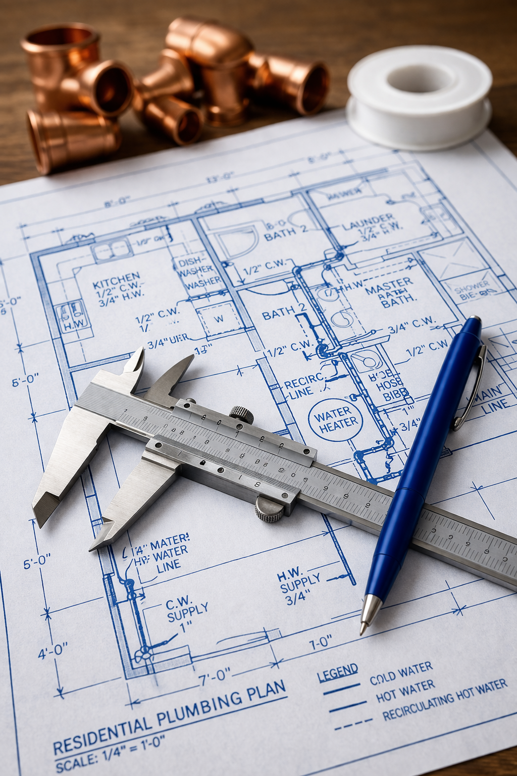 A metal caliper and blue pen sit on a residential plumbing blueprint with copper pipe fittings and thread seal tape above.