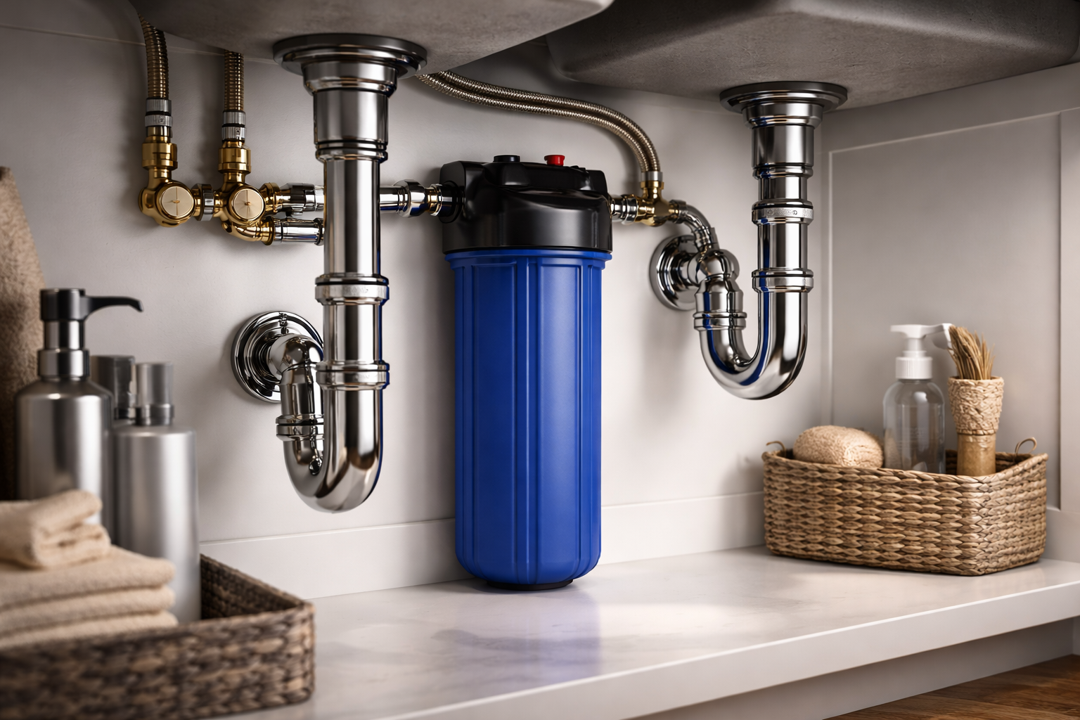 A blue water filter unit is installed under a double bathroom sink with chrome plumbing fixtures and a wicker basket.