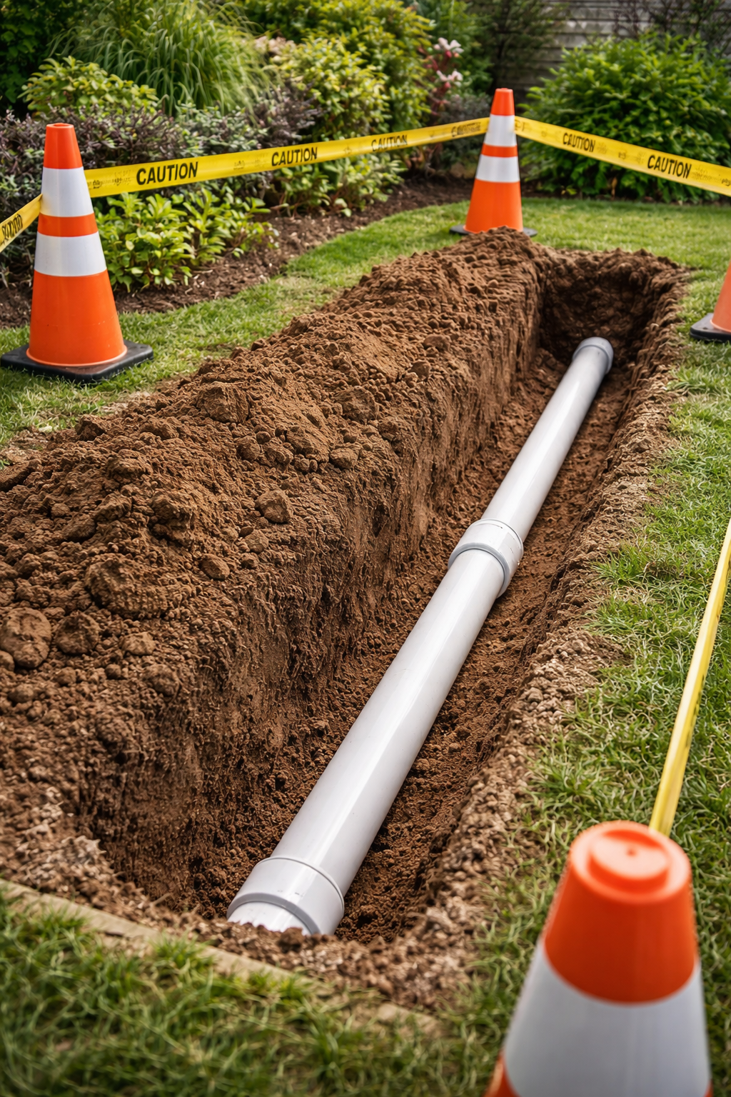 A white PVC pipe lies inside a trench in a grassy yard, surrounded by orange traffic cones and yellow caution tape.