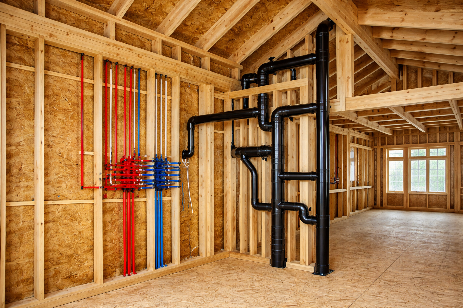 Unfinished room interior showing new plumbing pipes with red, blue, and black lines installed within wooden wall studs.