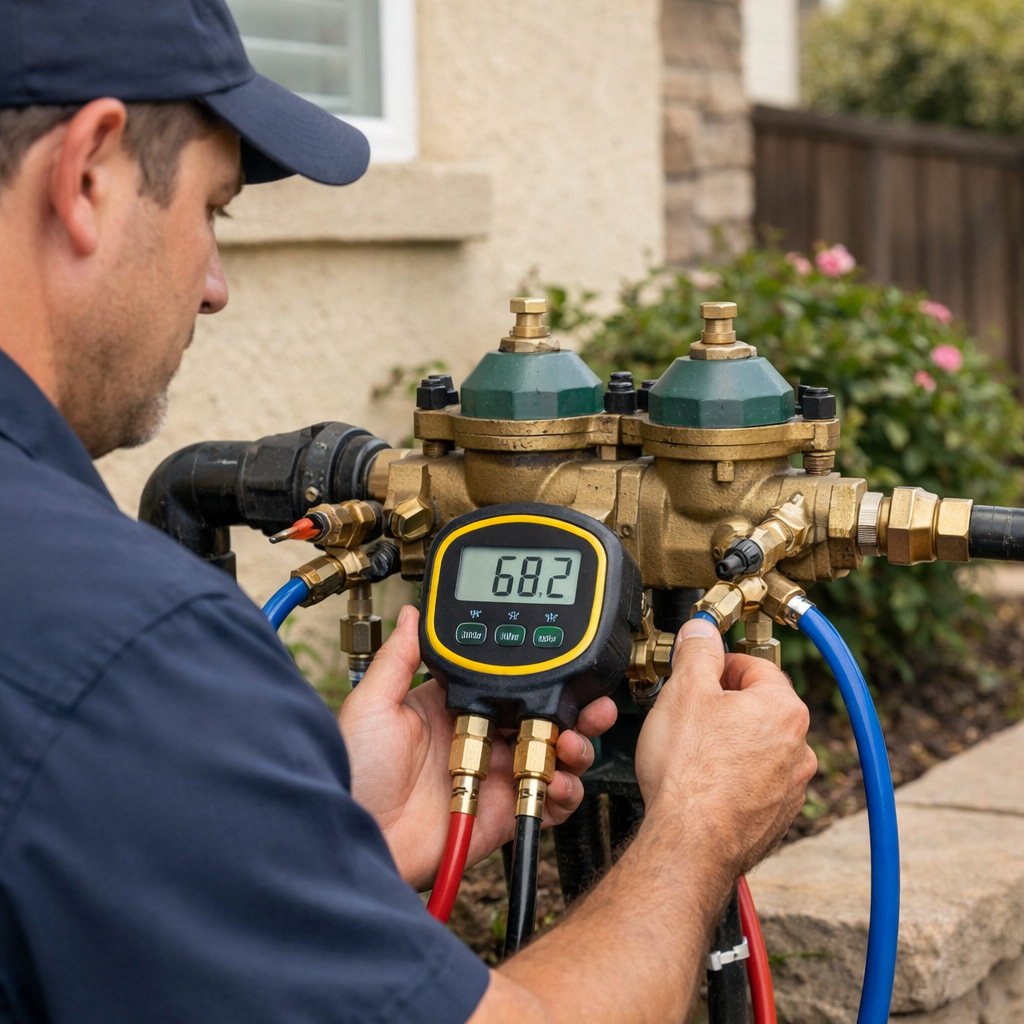 A technician uses a digital pressure gauge to test a backflow prevention device installed outdoors.