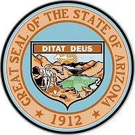 Arizona state seal with a farmer, mountains, and the motto "Ditat Deus".