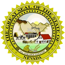 Nevada state seal: mountains, train, mining equipment, house, and text "The Great Seal of the State of Nevada".