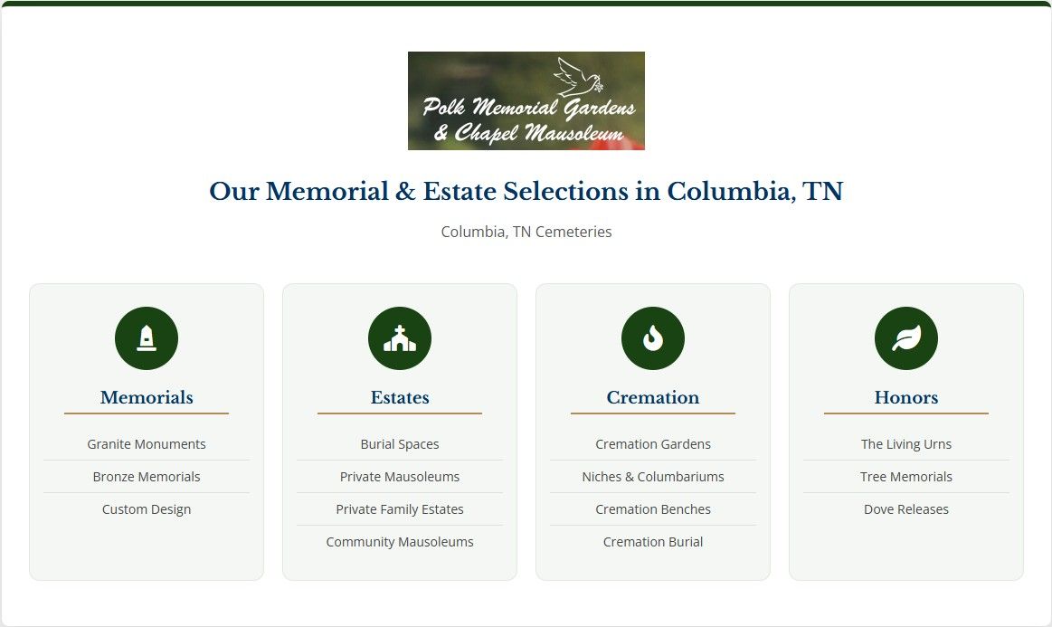 Columbia, TN Cemeteries infographic showing memorials, estates, cremation and honors selections for families.