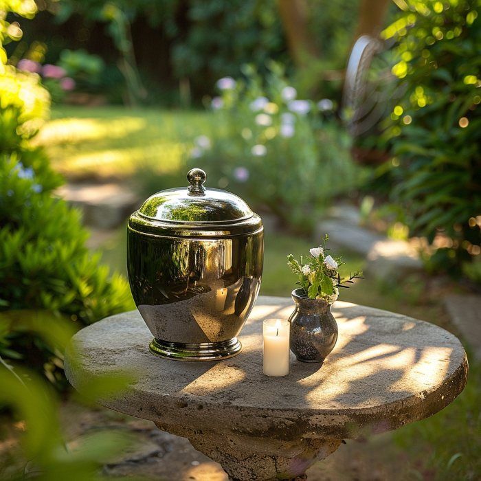 Columbia, TN cremation services urn on stone table with candle and small vase in peaceful garden light.