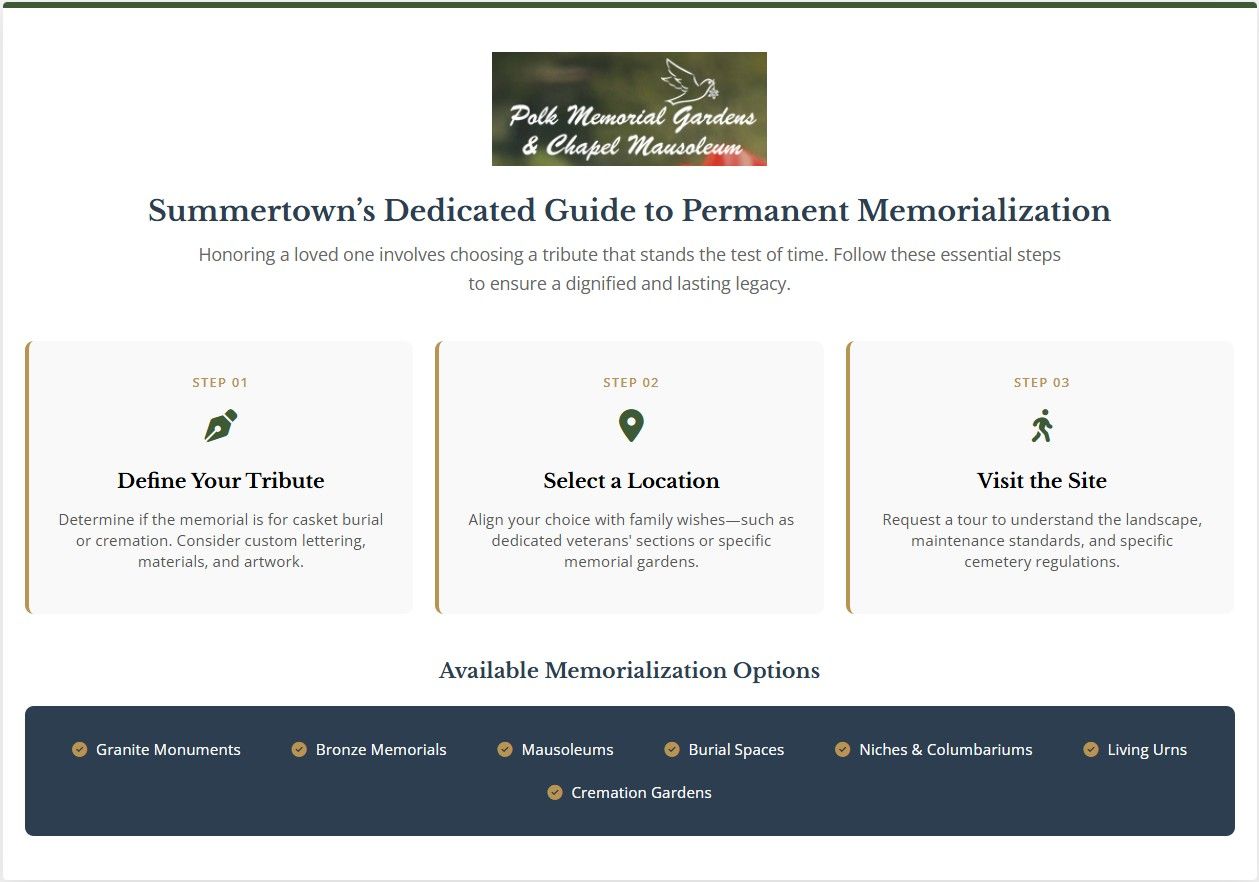 Summertown, TN Cemeteries infographic guide to permanent memorialization steps and available tribute options.
