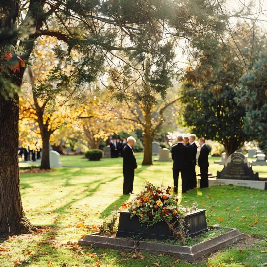Summertown, TN Funeral Services graveside gathering with mourners, headstones and floral-covered grave.