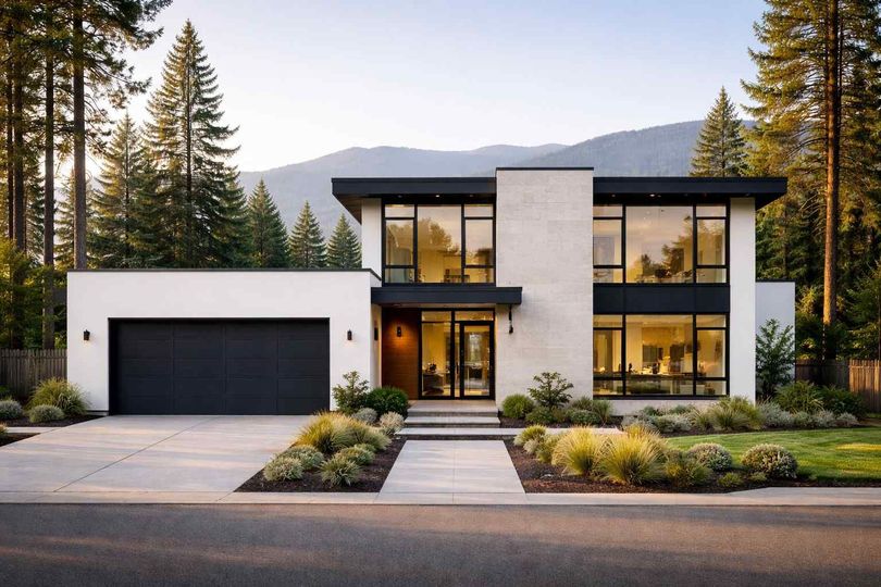 A two-story farmhouse-style home with white board-and-batten siding, a gray shingled roof, and blue shutters.
