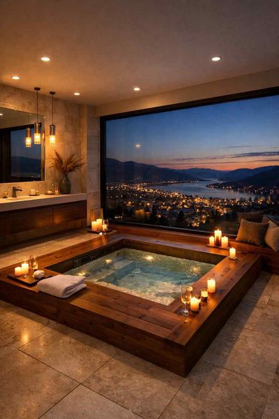A bright, modern bathroom with a wall-mounted toilet, arched mirror, vanity with open shelving, and decorative stone walls.