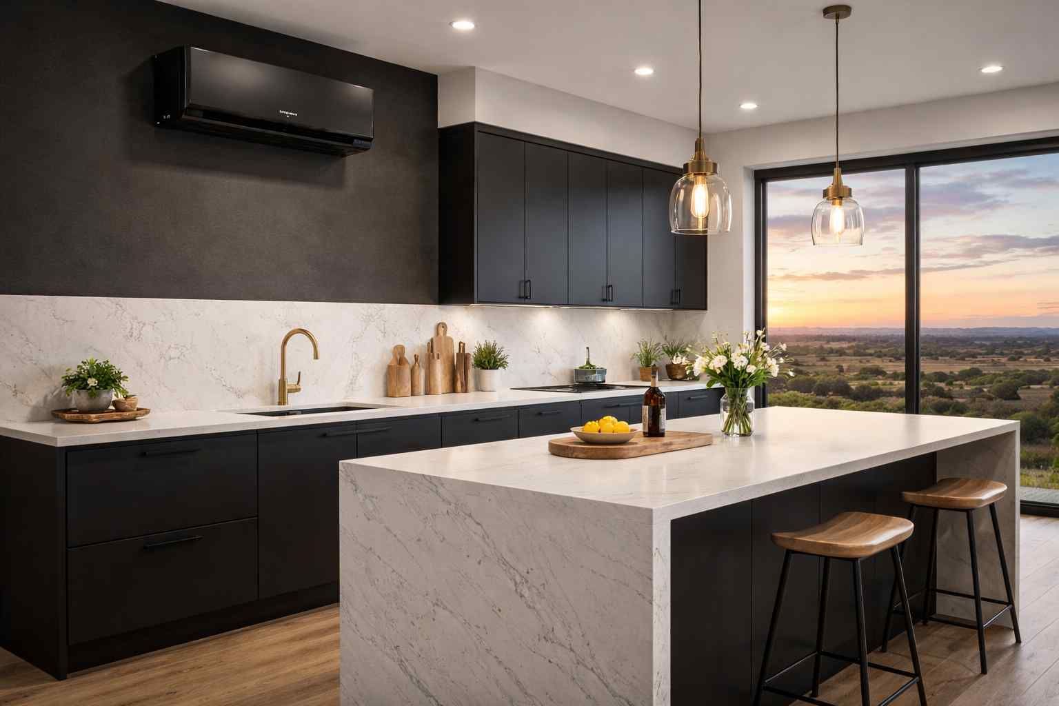 Interconnected silver spiral metal HVAC ducts suspended from a ceiling under a skylight.