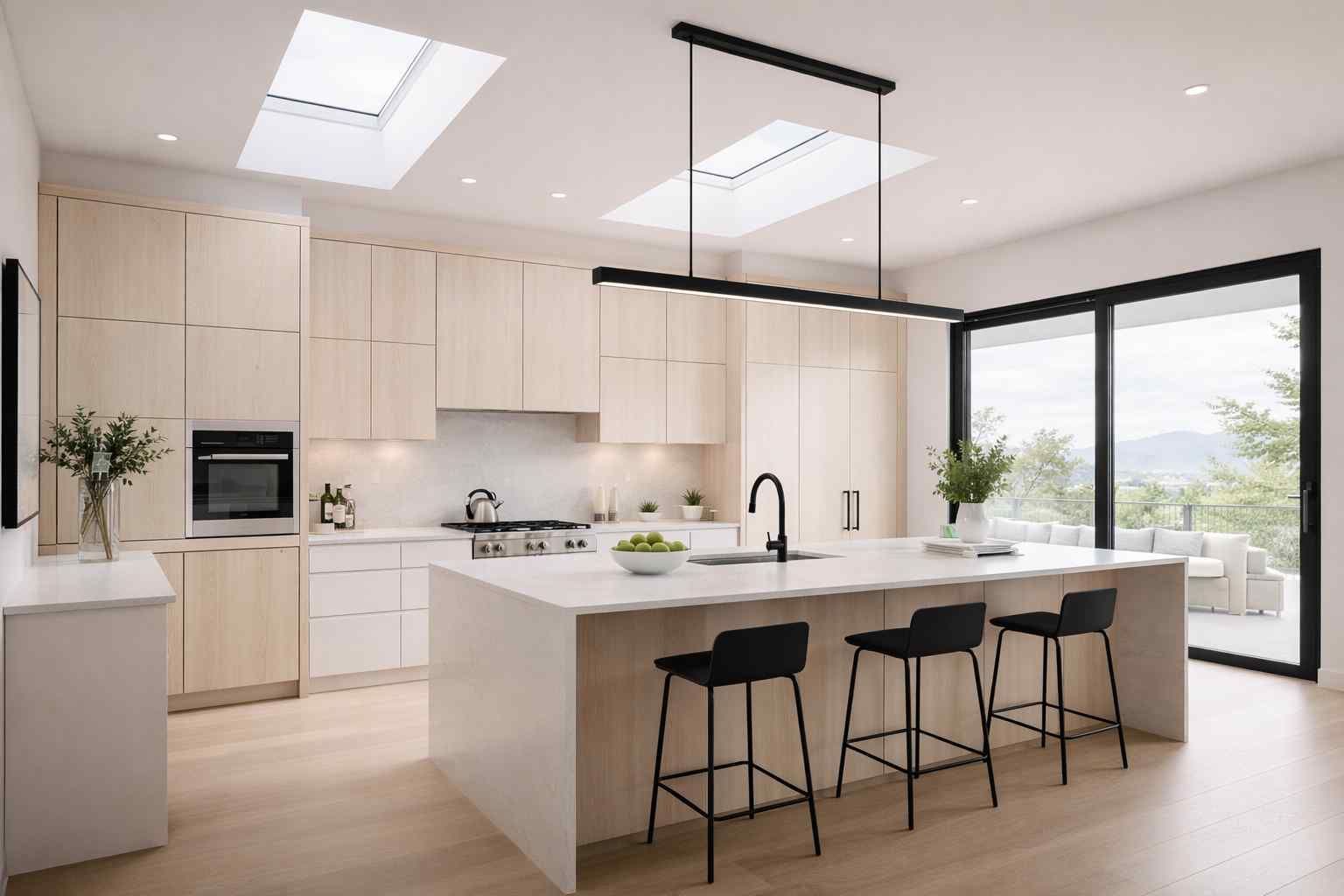 A modern kitchen with wooden cabinetry, a kitchen island with a bar stool, a sink under a window, and a refrigerator.