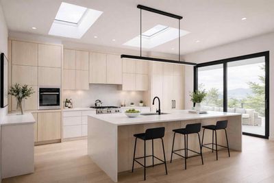 A modern kitchen with wooden cabinetry, a kitchen island with a bar stool, a sink under a window, and a refrigerator.