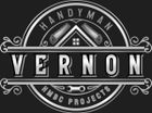 Logo for Handyman Vernon featuring a worker with crossed arms inside a house-shaped shield with tool icons in blue and gold.