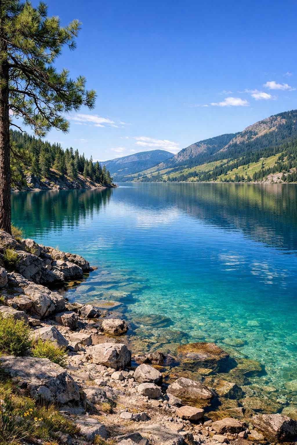 A crystal-clear, blue alpine lake bordered by rocky shores and green pine forests under a bright, sunny sky.