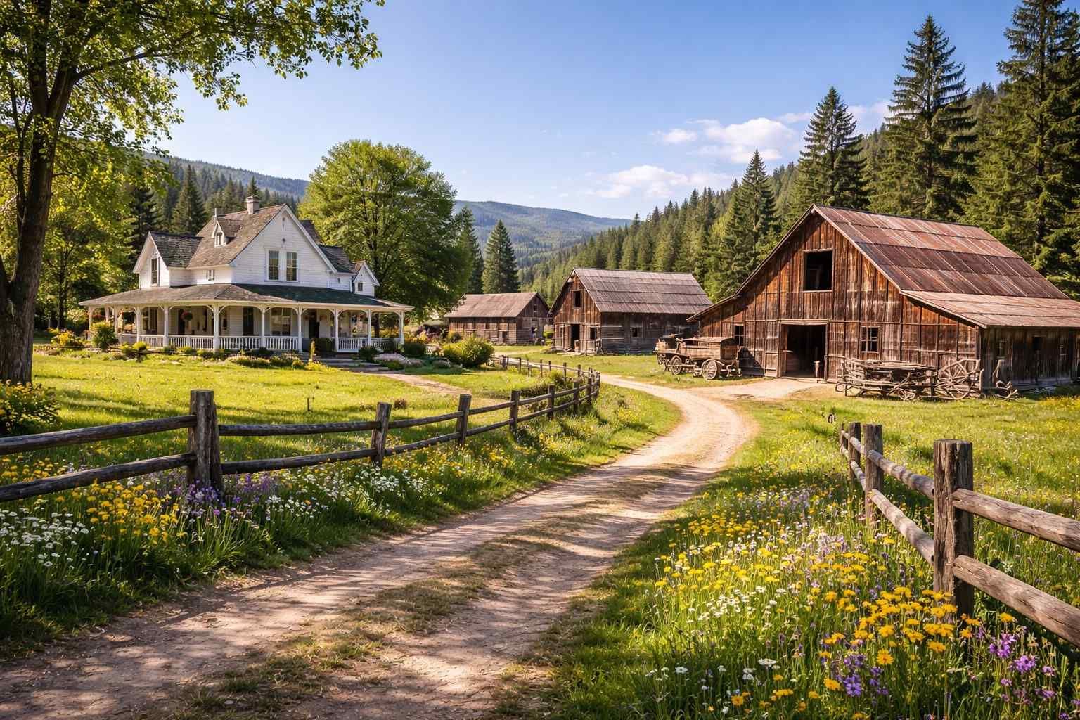 A white farmhouse and rustic wooden barns sit along a dirt path in a scenic, wildflower-filled mountain meadow.