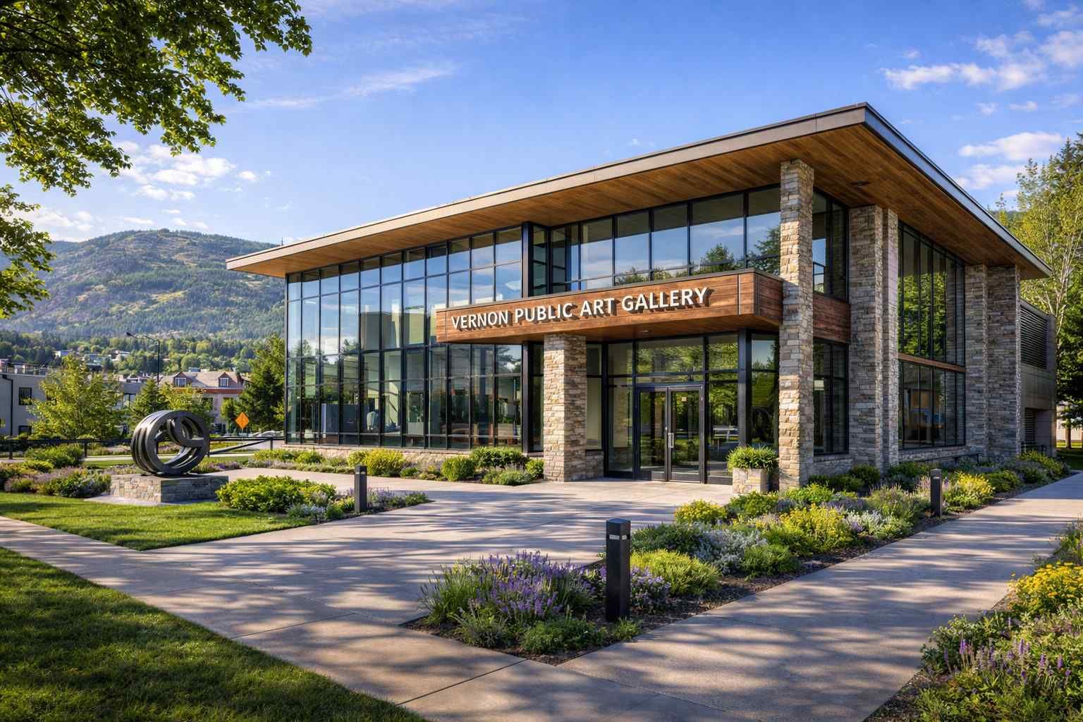 The Vernon Public Art Gallery is a modern, glass-walled building with stone pillars and wood accents, set in a landscape.