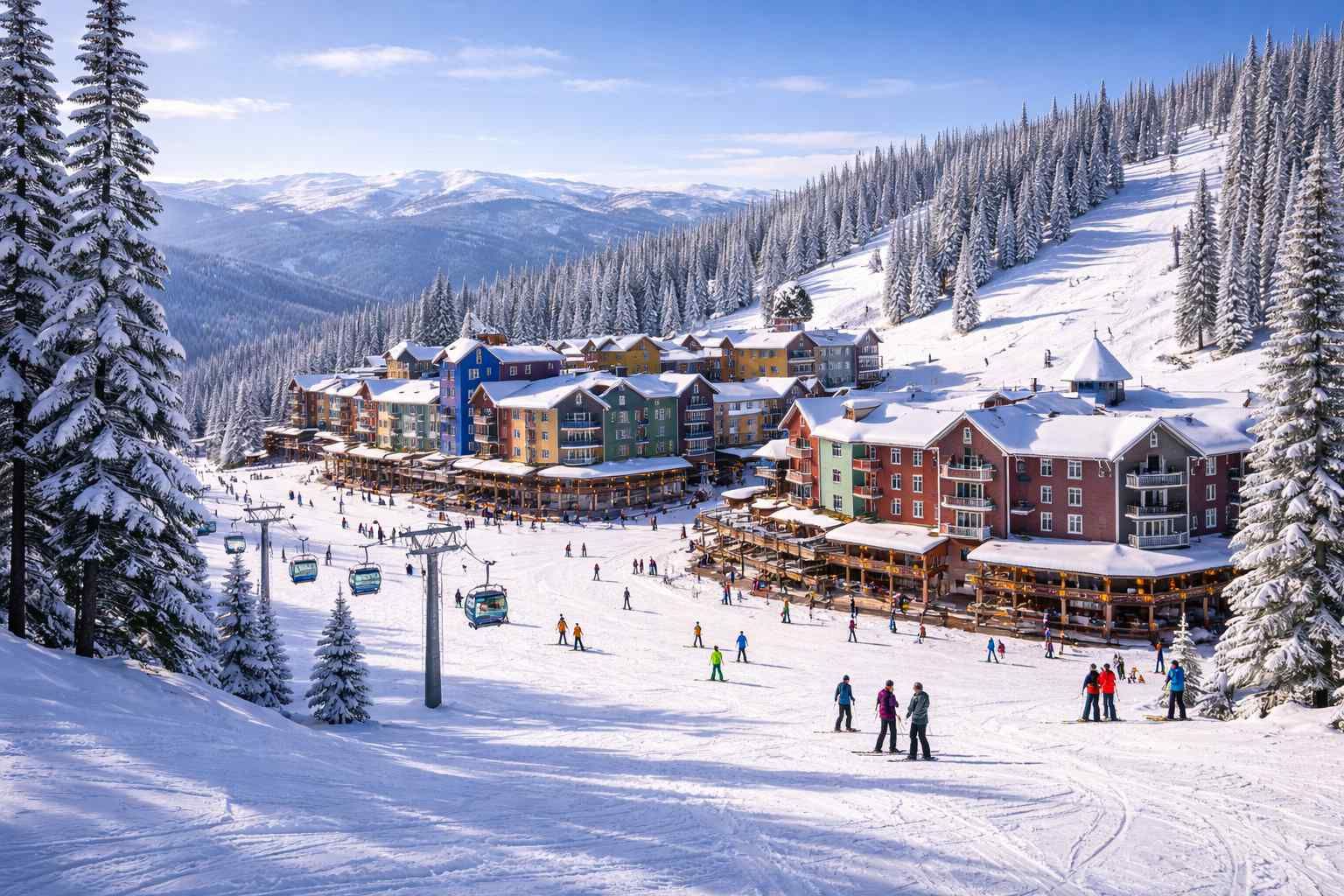 A sunny ski resort village nestled in snowy mountains, with people skiing, walking, and gondolas moving overhead.