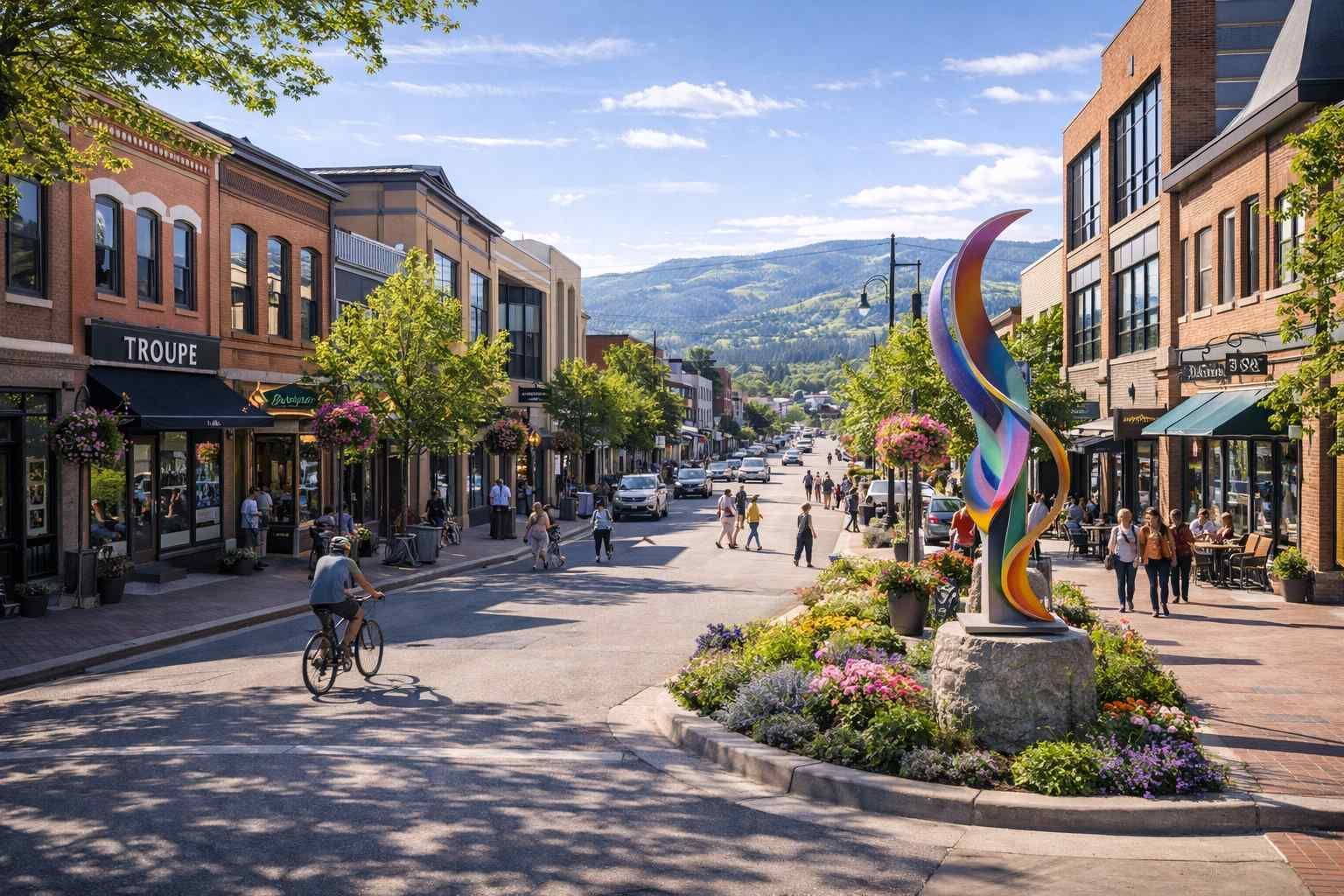 A sunny downtown street scene with brick buildings, a colorful sculpture, a cyclist, and mountain views in the background.