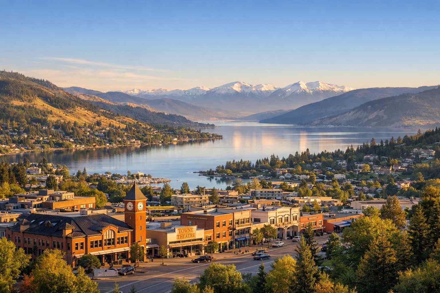 A town with a clock tower sits along a lake under a clear sky, with snow-capped mountains in the background.