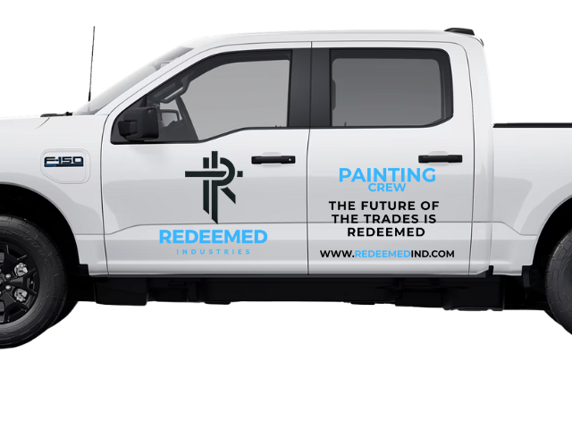 White pickup truck with company logo for 