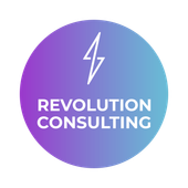 the logo for revolution consulting is a purple circle with a lightning bolt on it .