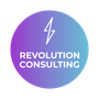 the logo for revolution consulting is a purple circle with a lightning bolt on it.